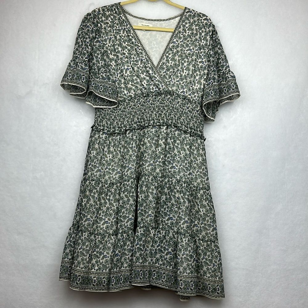 Max Studio Dress Women's Sz L Green Floral V-Neck Tiered Bubble Crepe